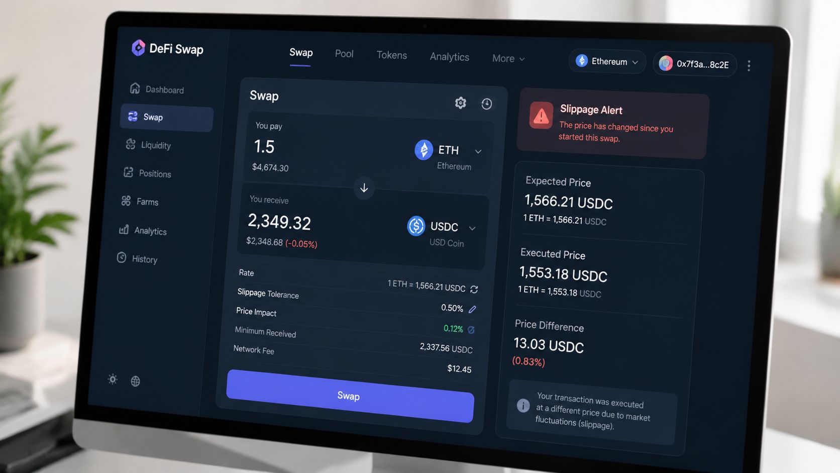 A computer screen displaying a DeFi Swap interface showing a slippage alert during an Ethereum to USDC token swap.