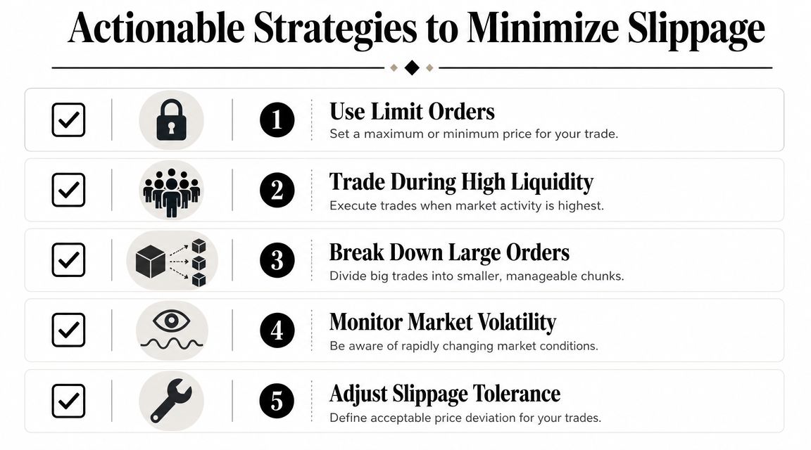 An infographic titled Actionable Strategies to Minimize Slippage, showing five numbered tips for trading in financial markets.