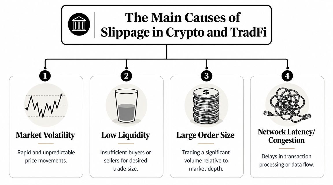 A diagram outlining the four main causes of trading slippage: market volatility, low liquidity, large order size, and network congestion.
