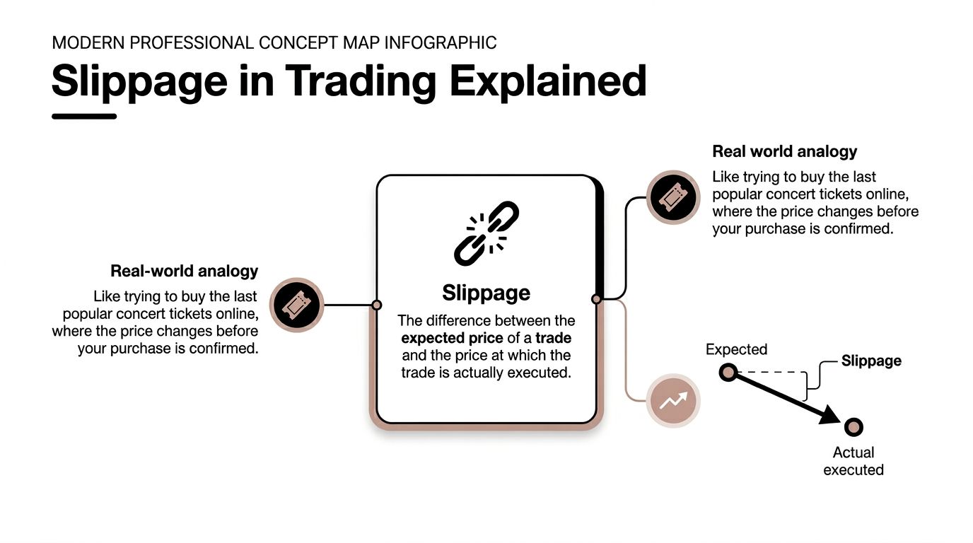 A diagram explaining slippage in trading as the difference between the expected and actual execution price.