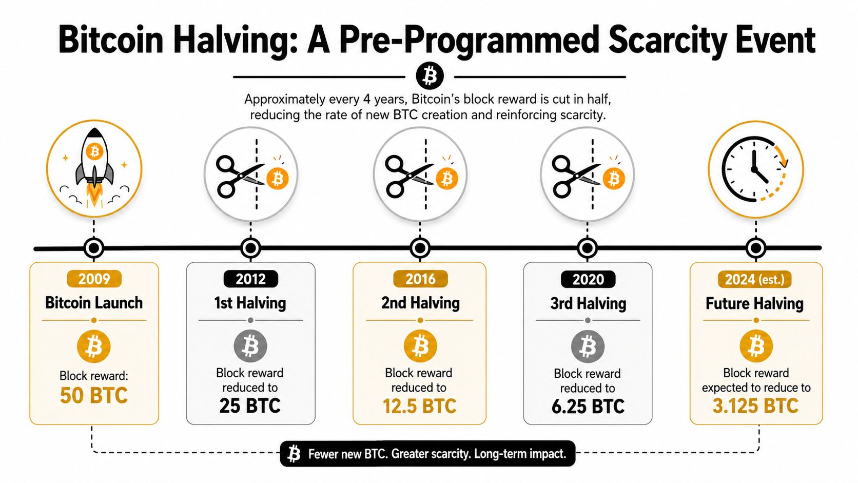 A timeline graphic showing Bitcoin halving events from 2009 to 2024, highlighting the reducing block rewards.
