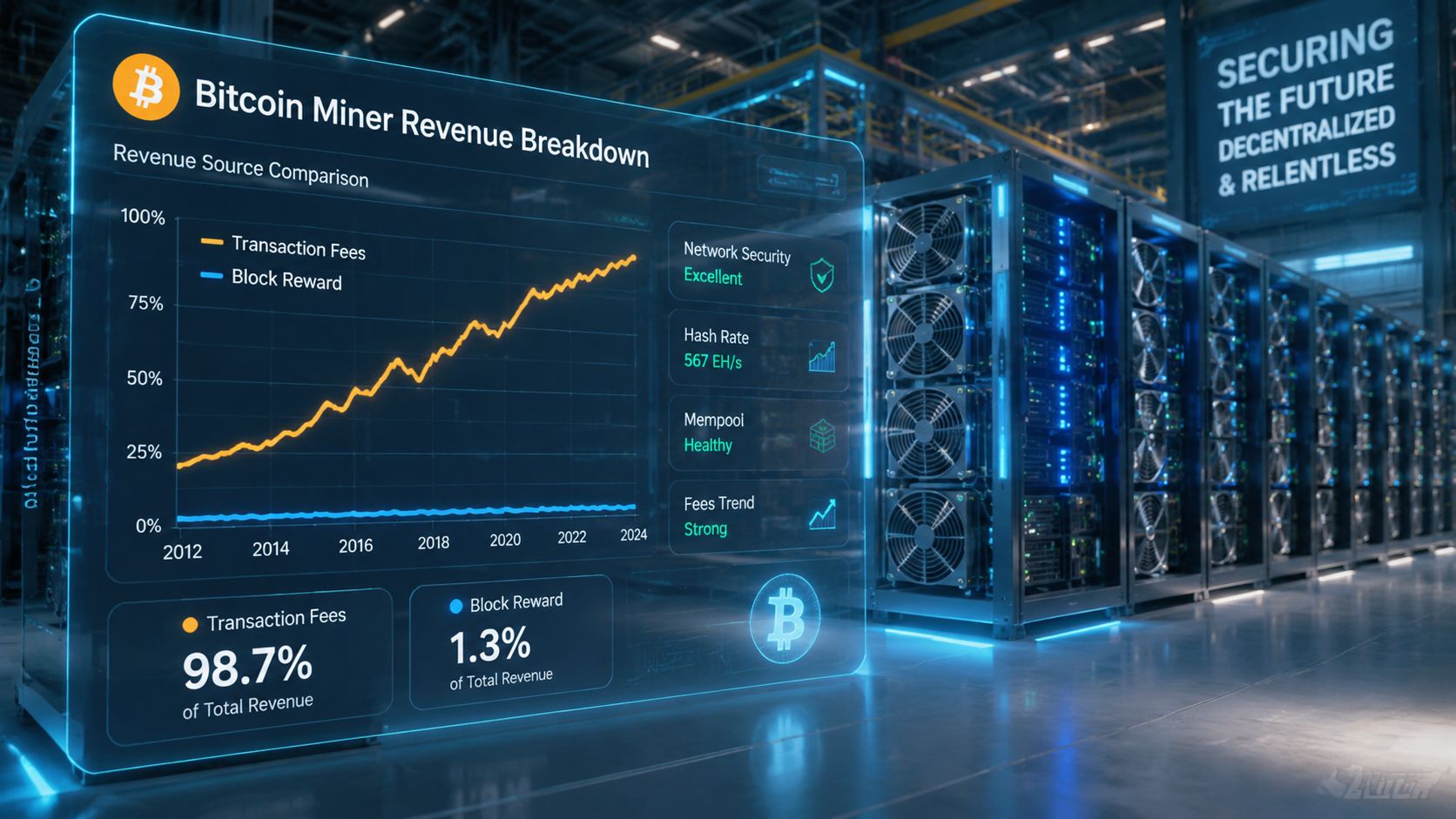 A digital display in a data center showing Bitcoin mining revenue statistics and network performance metrics.