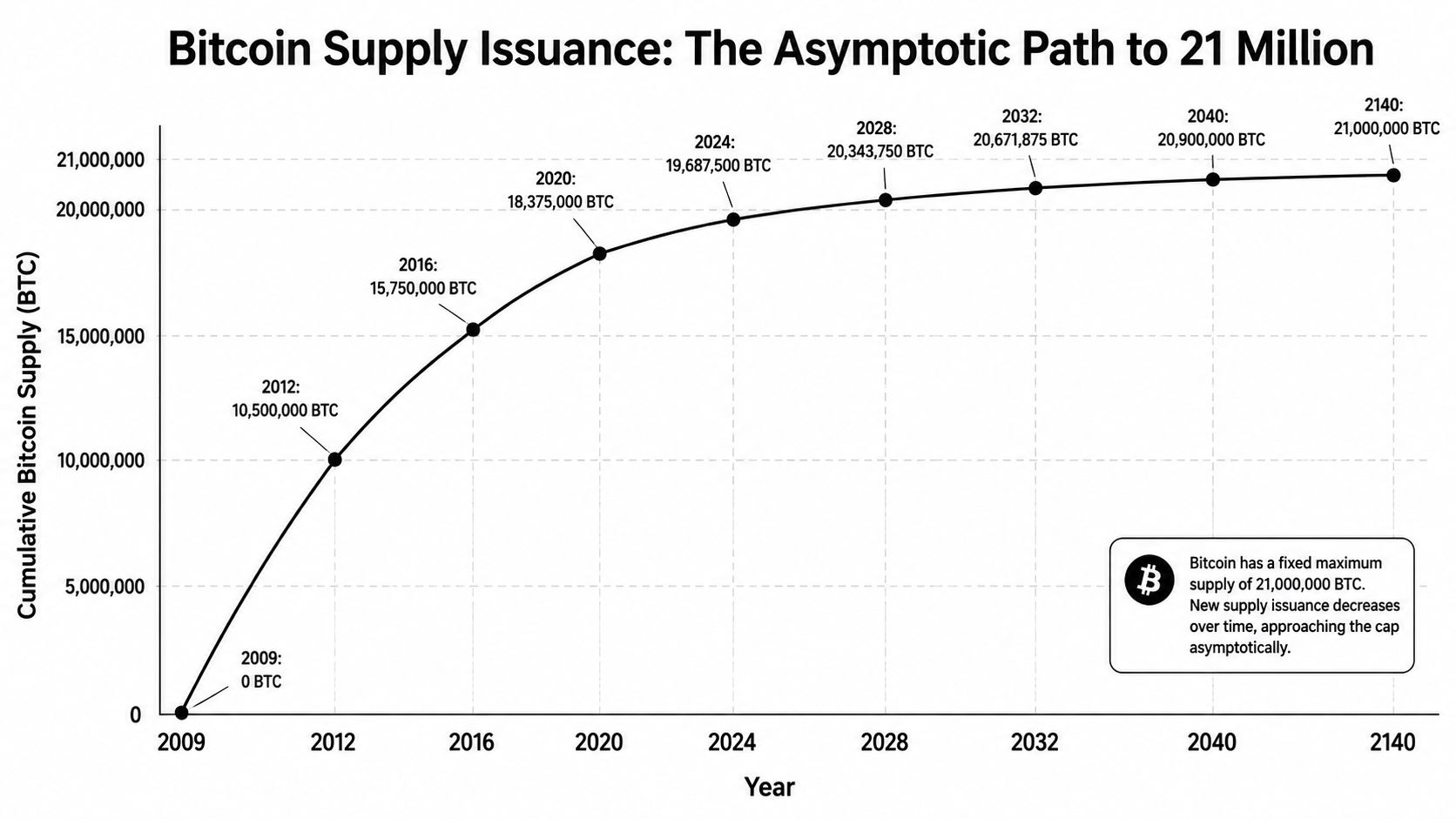 Line graph showing the asymptotic growth of the cumulative Bitcoin supply reaching 21 million BTC by 2140.