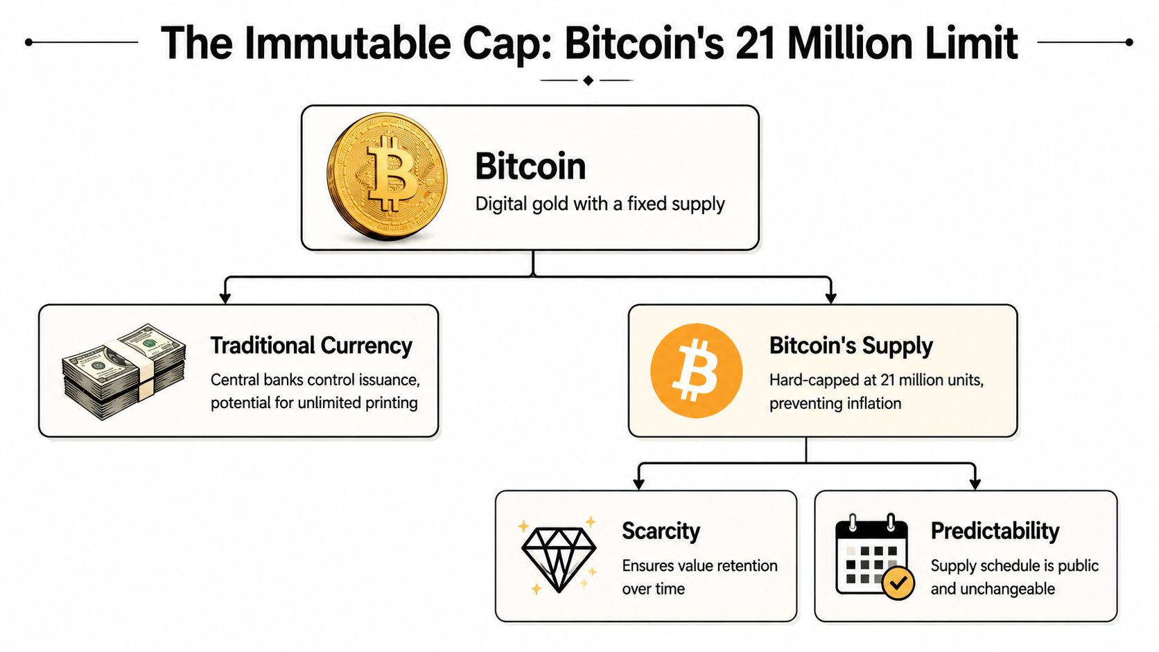 A diagram comparing the infinite nature of traditional currency with the fixed 21 million Bitcoin supply limit.