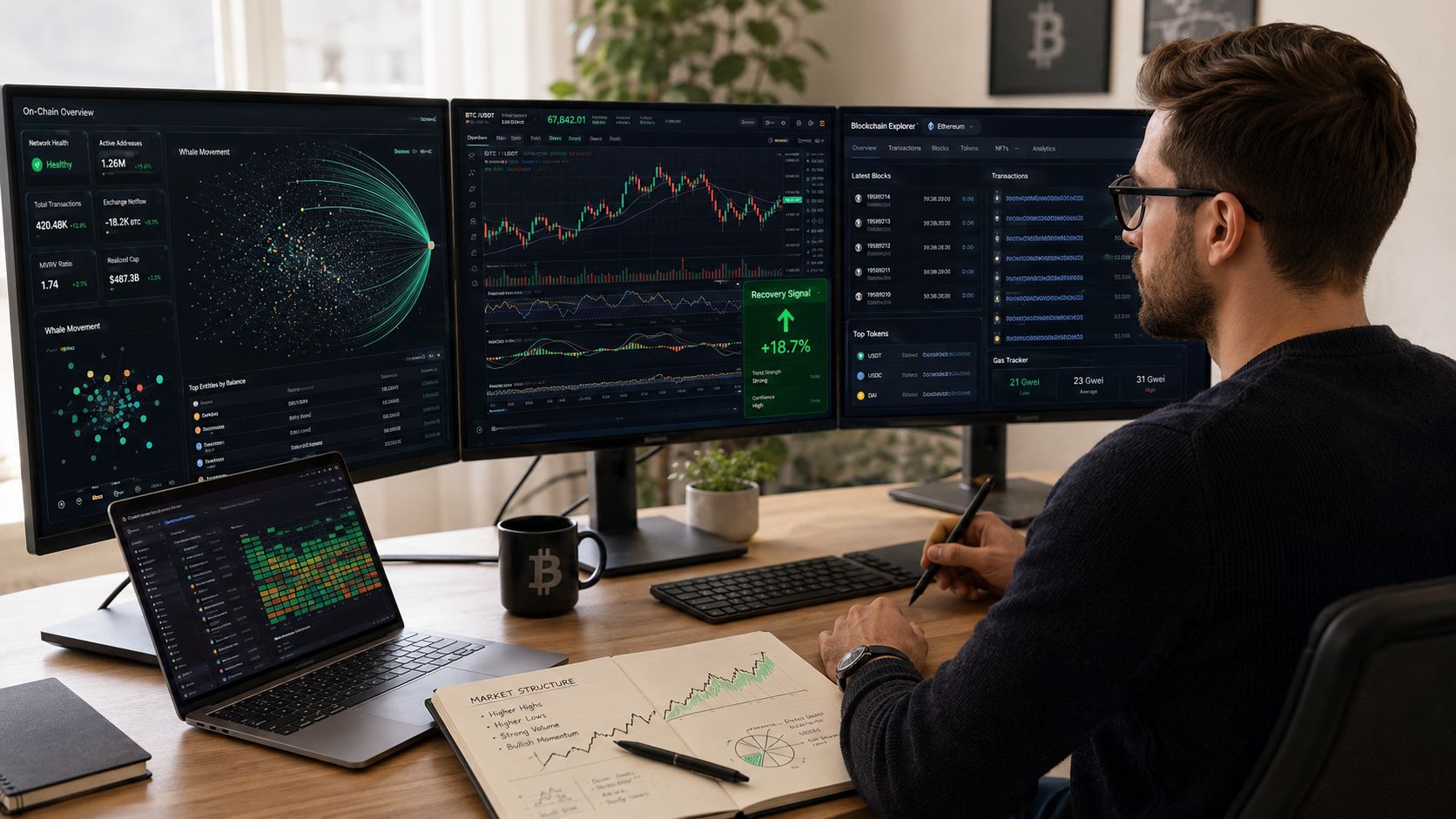 A professional trader analyzes cryptocurrency market charts and data on multiple computer screens in a home office.