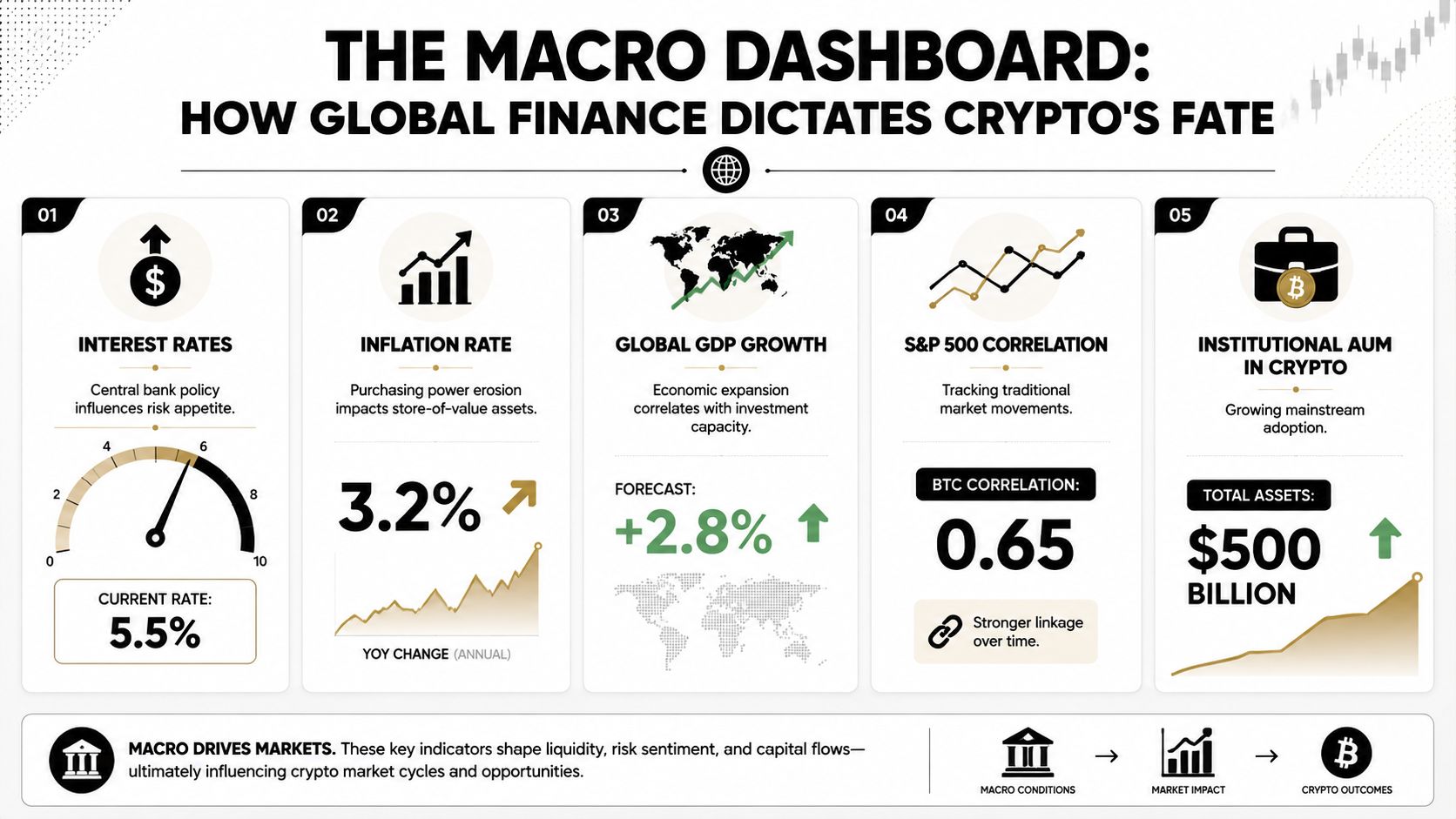 A financial infographic titled The Macro Dashboard explaining how global economic factors influence the cryptocurrency market.