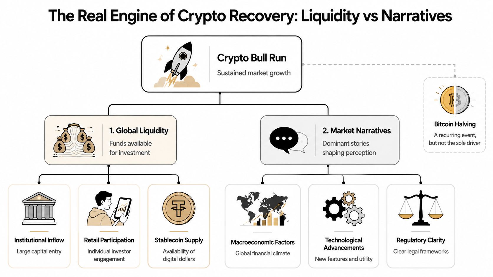 A diagram illustrating the two main drivers of crypto market recovery: global liquidity and market narratives.