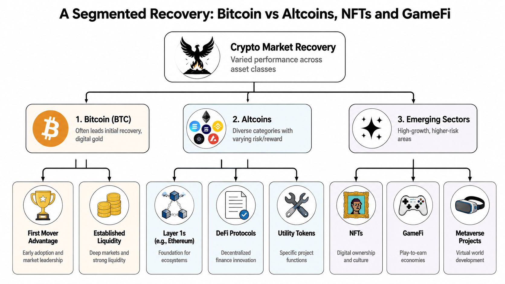 A flowchart diagram illustrating the crypto market recovery segmented by Bitcoin, Altcoins, and emerging sectors.