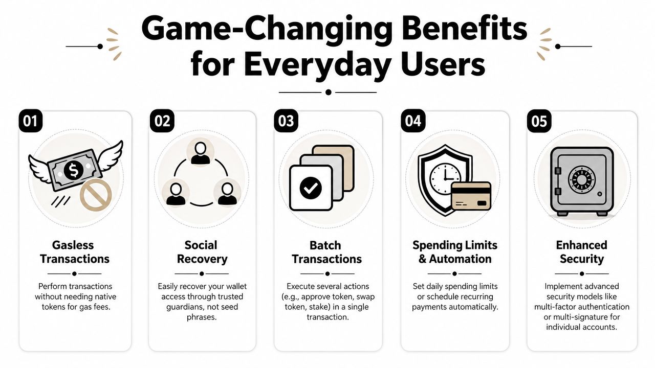 An infographic showing five key benefits of account abstraction wallets for everyday cryptocurrency users.