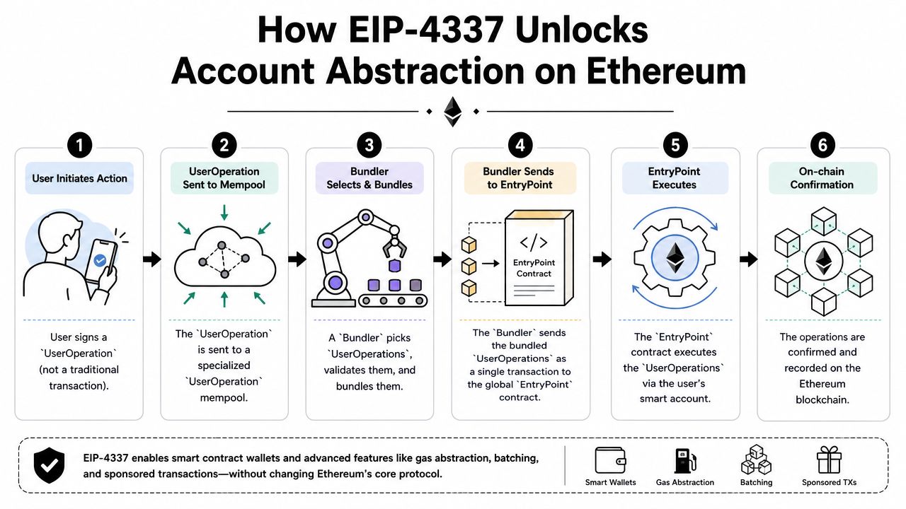 A diagram illustrating the six-step EIP-4337 account abstraction process on the Ethereum blockchain for smart wallets.