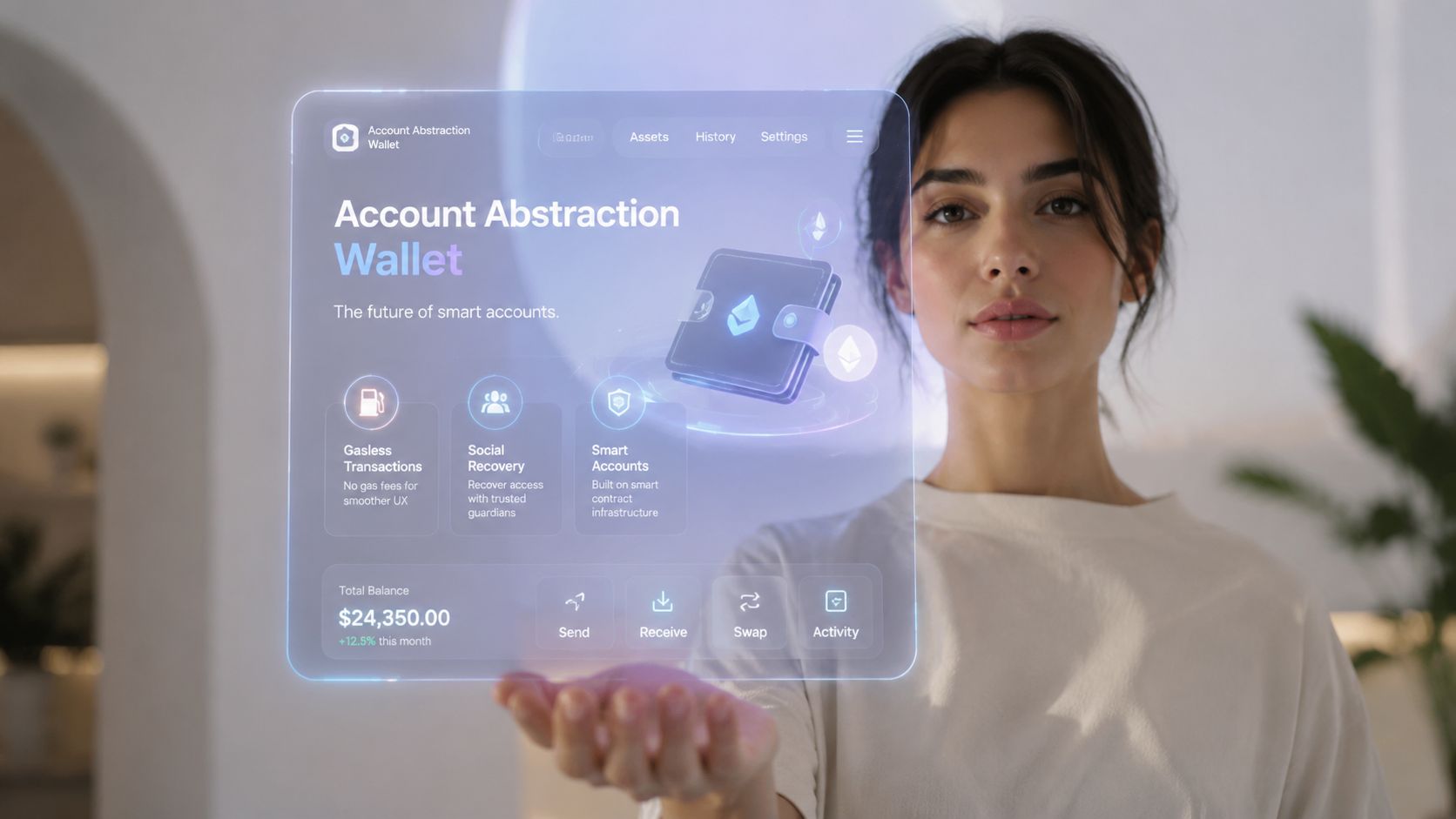 A woman interacting with a futuristic holographic digital display showing an account abstraction wallet interface.