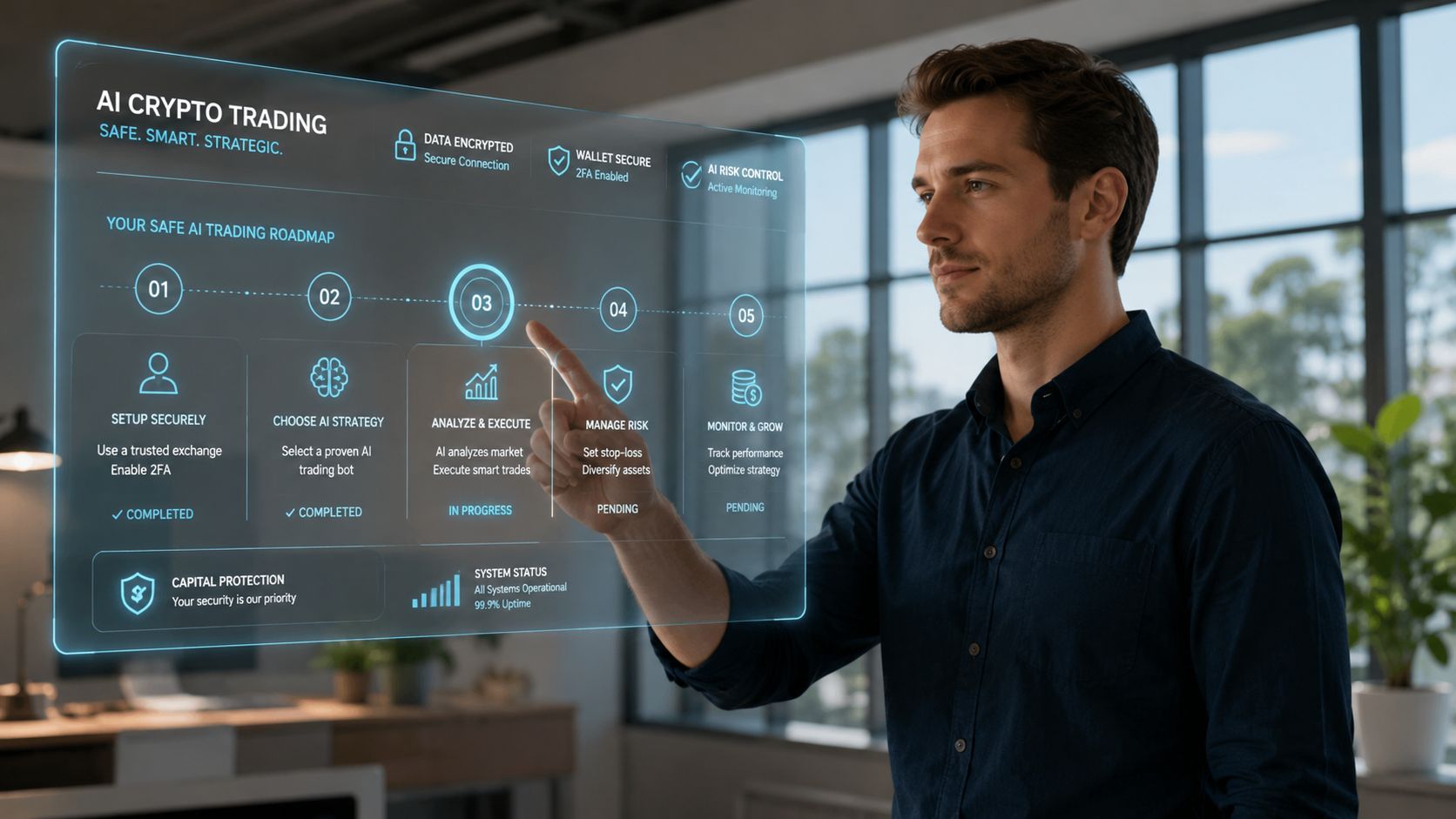 A professional man interacting with a futuristic digital holographic display interface for AI crypto trading systems.