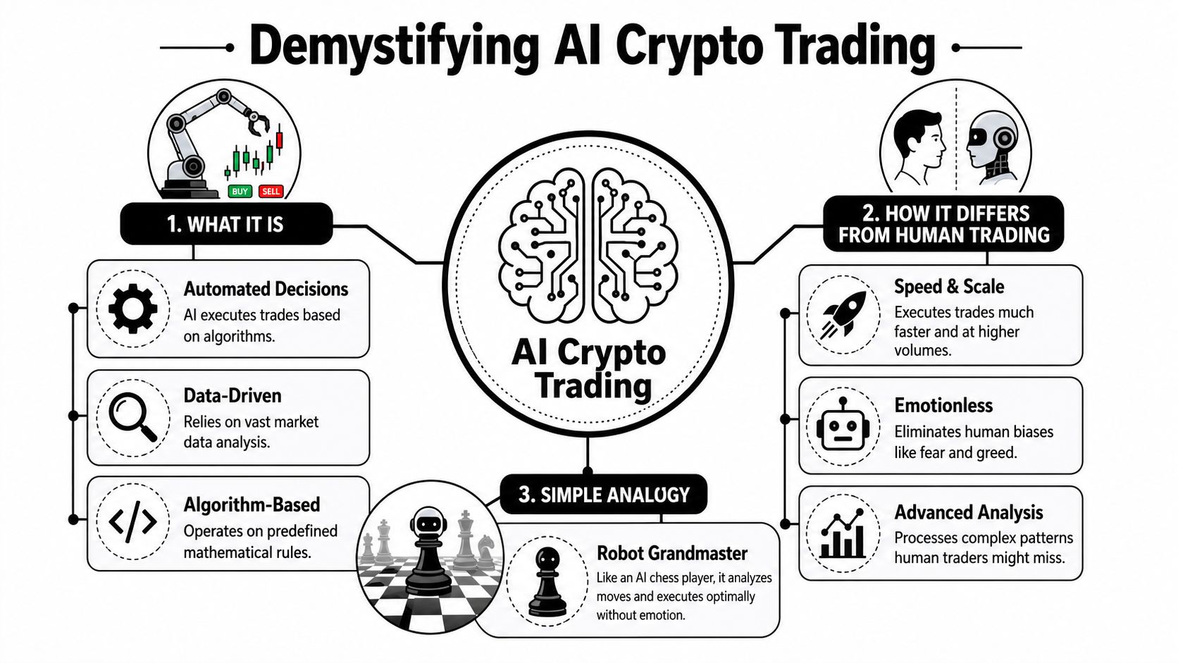 An infographic explaining AI crypto trading, covering definitions, differences from human trading, and a chess analogy.