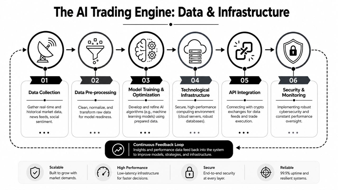 A diagram illustrating the six-step process and infrastructure components of an AI-powered crypto trading engine system.