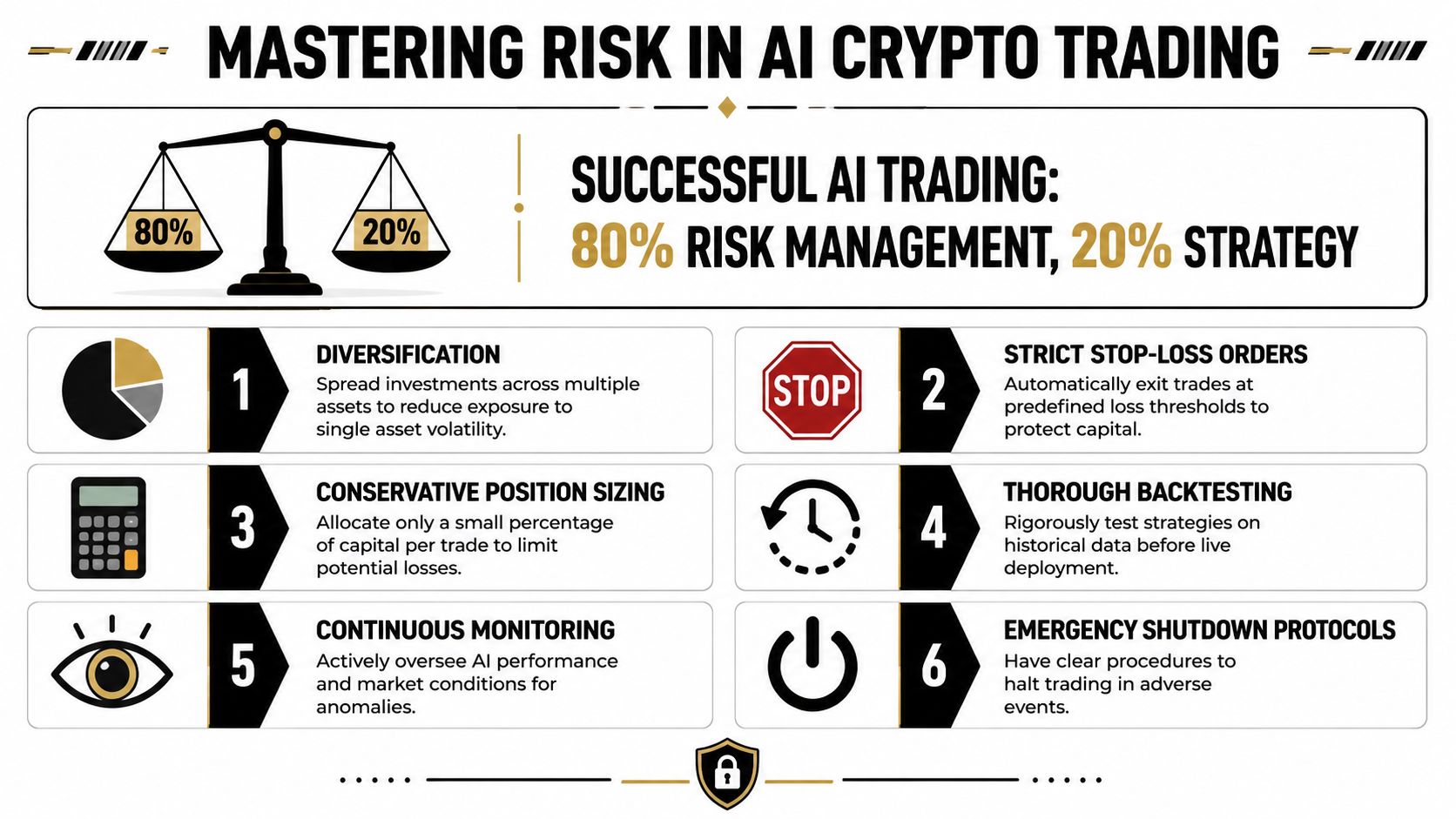 An infographic detailing six essential risk management strategies for successful AI crypto trading and capital protection.
