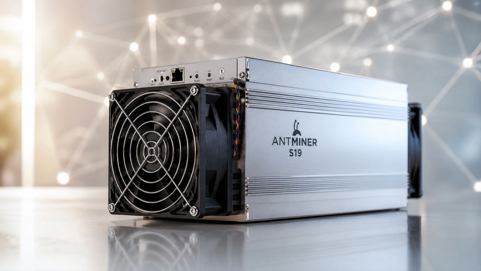 A high-performance Antminer S19 bitcoin mining machine sitting on a sleek surface with a digital network background.
