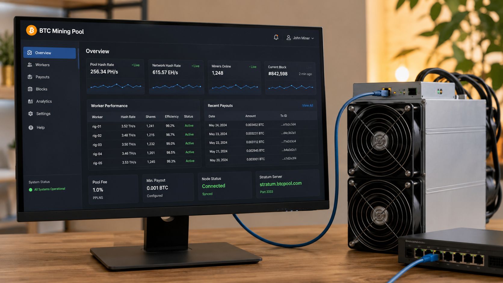 A computer monitor showing a Bitcoin mining pool dashboard next to a powerful cryptocurrency ASIC miner machine.
