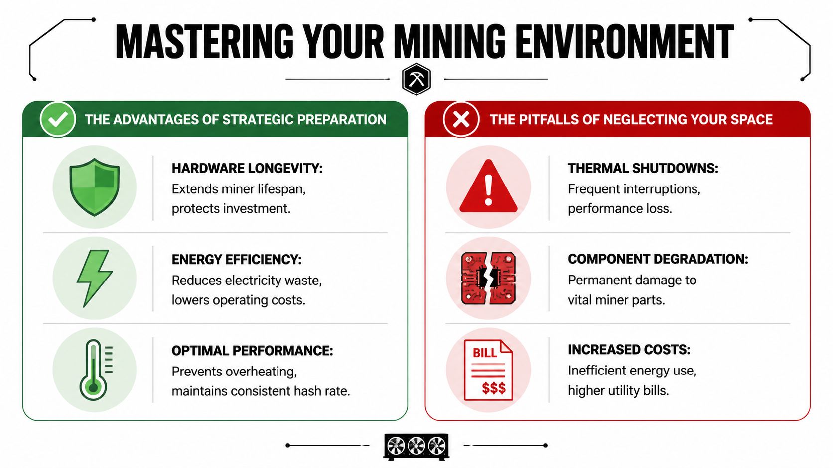 An infographic comparing the benefits of strategic cryptocurrency mining preparation versus the pitfalls of neglecting your mining environment.