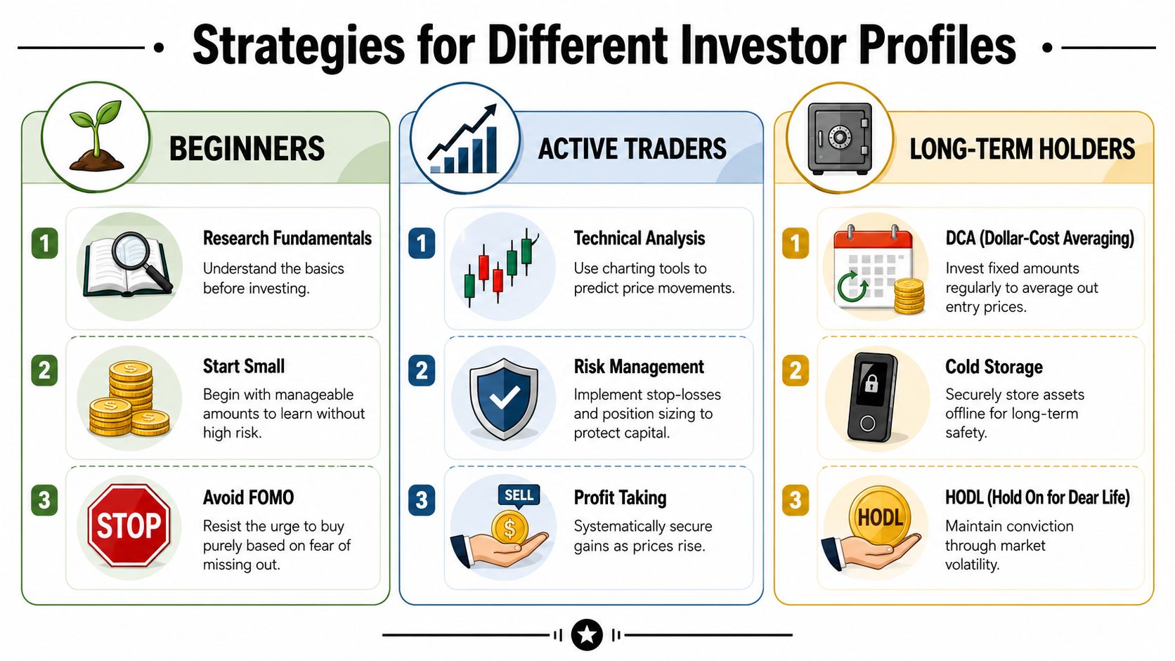 An infographic showing investment strategies categorized for beginners, active traders, and long-term holders in crypto markets.