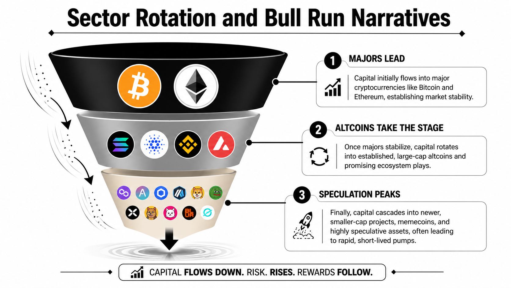 A funnel diagram explaining crypto capital rotation from major cryptocurrencies to smaller altcoins and speculative assets.