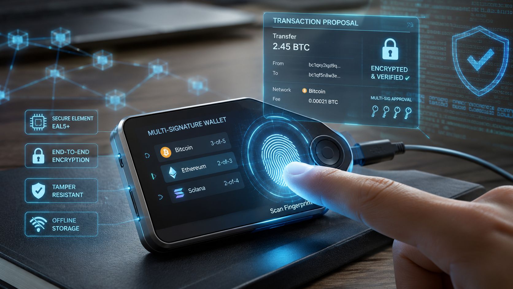 A user scanning their fingerprint on a sleek multi-signature hardware crypto wallet showing secure transaction data.