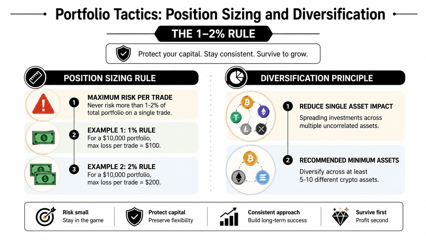 An infographic explaining crypto risk management using the 1-2% position sizing rule and asset diversification strategies.