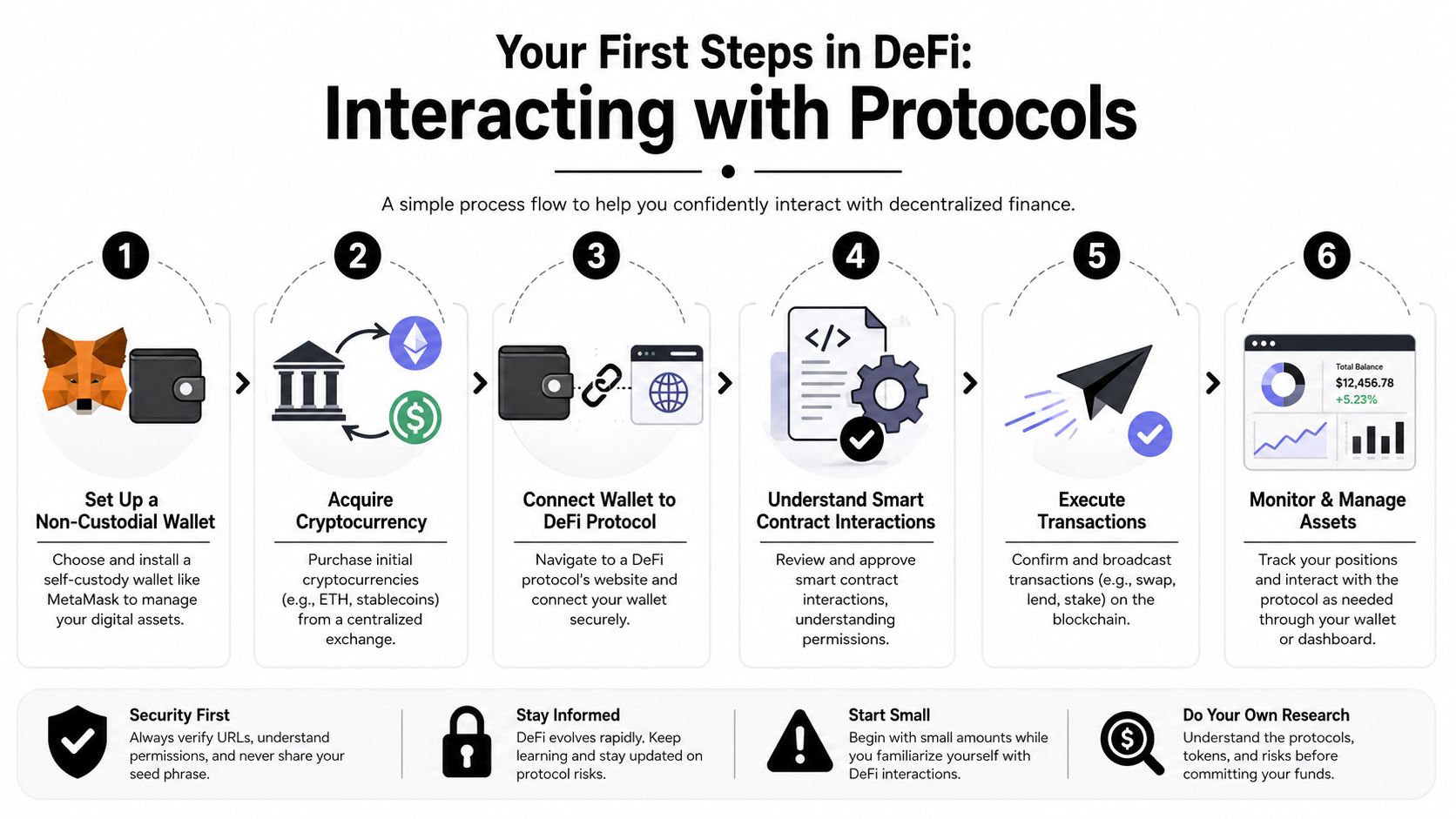 A six-step infographic illustrating the process for beginners to interact with decentralized finance protocols safely.