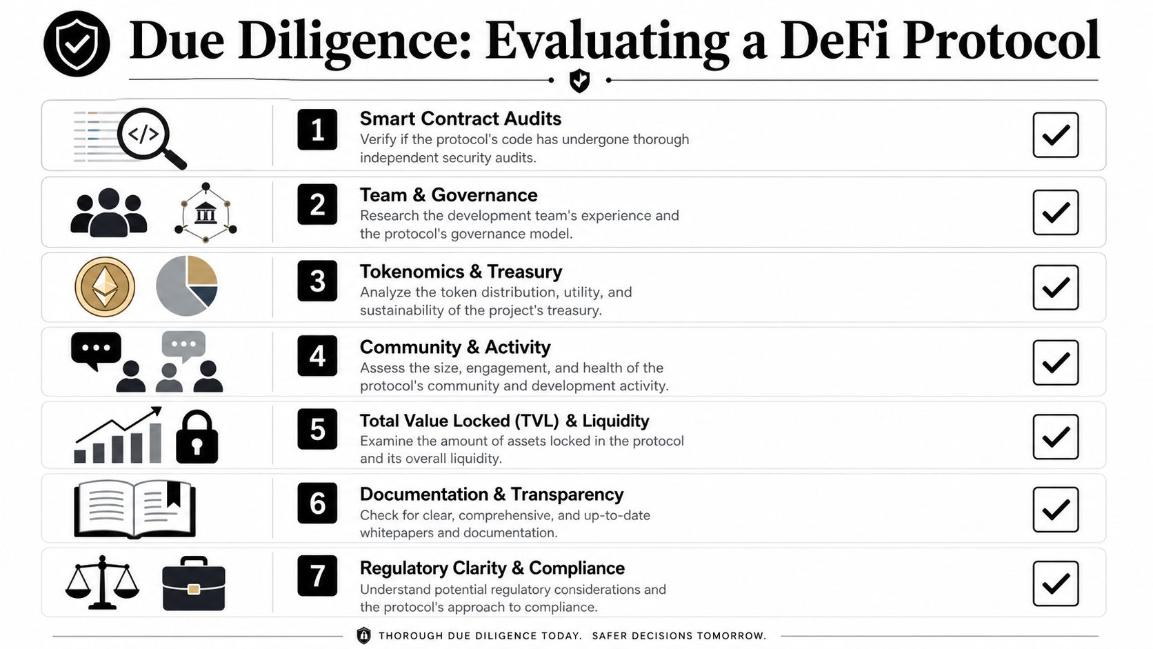 A checklist infographic detailing seven essential steps for conducting due diligence when evaluating decentralized finance protocols.