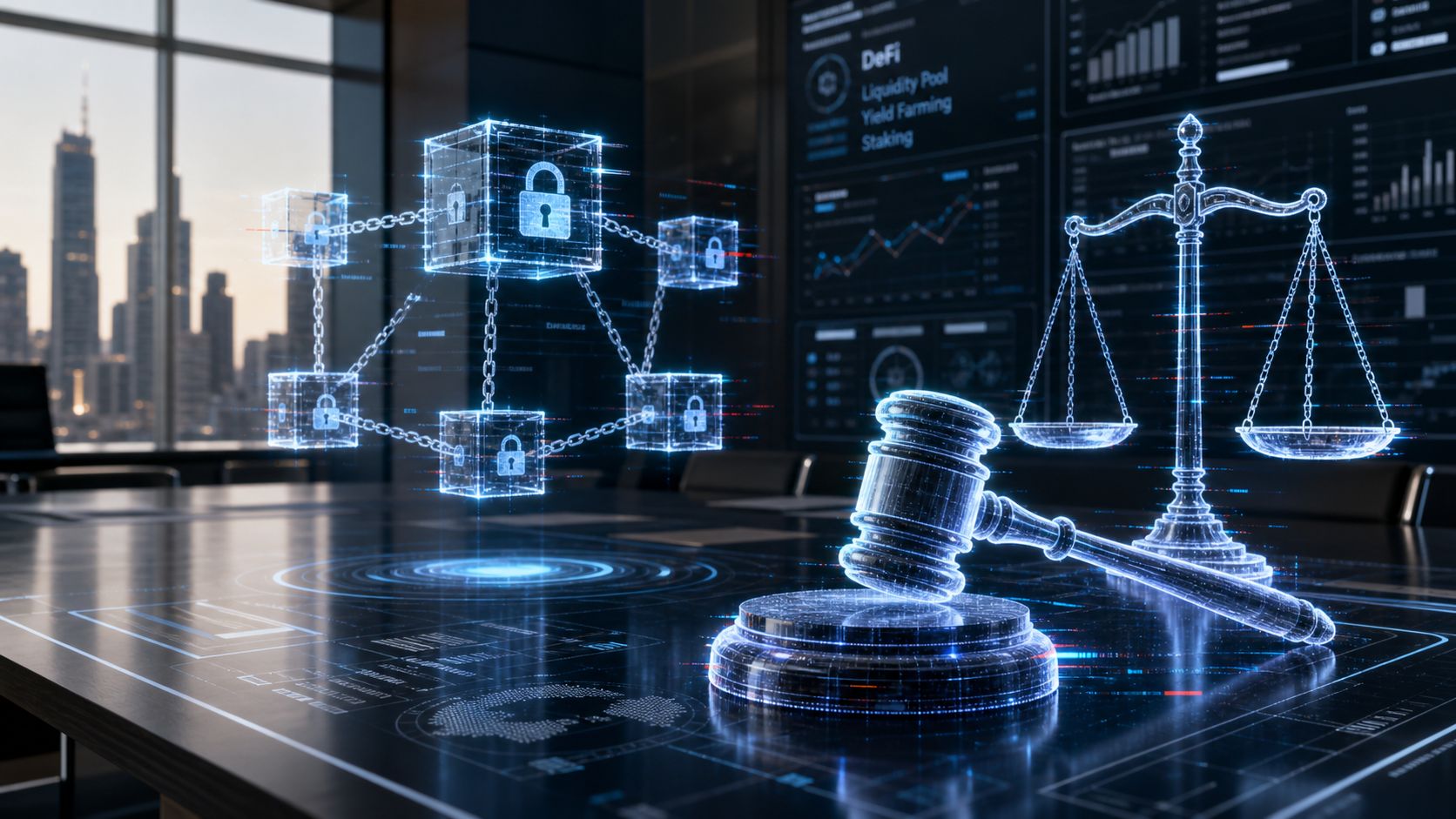 A digital holographic visualization featuring a blockchain network, a judge's gavel, and scales representing DeFi legal regulation.