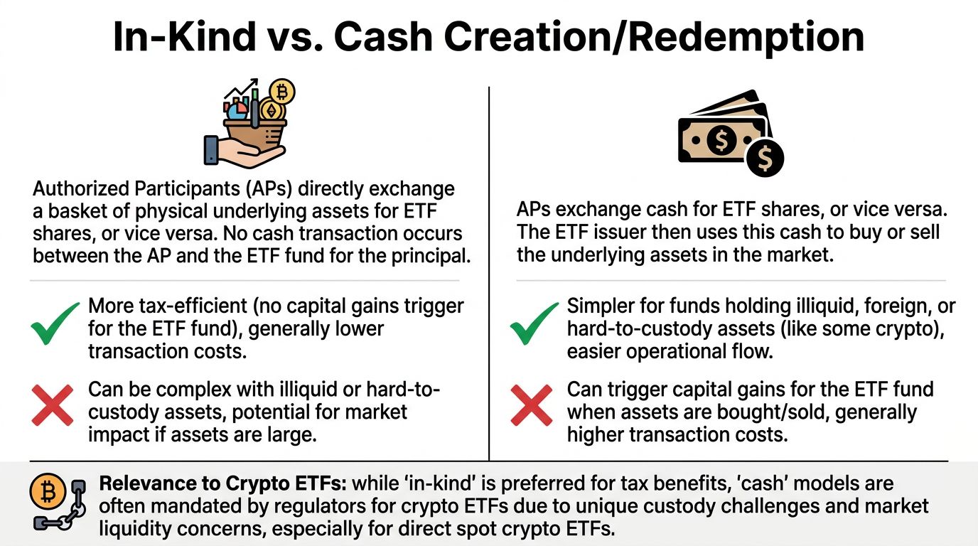 A comparison infographic explaining the differences between in-kind and cash creation redemption processes for ETFs.