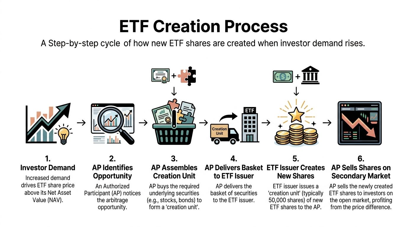 A diagram illustrating the six-step ETF creation process showing how authorized participants create new shares to meet demand.