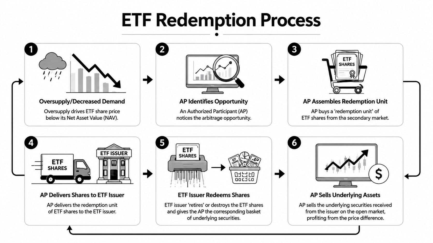 A six-step infographic illustrating the ETF redemption process flow for Authorized Participants and ETF issuers.