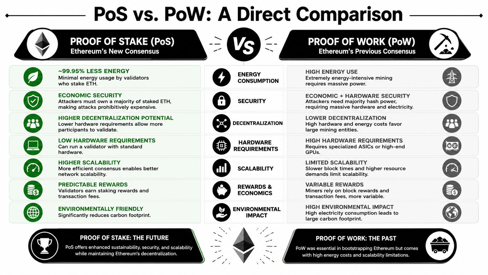 A comparative infographic showing the differences between Proof of Stake and Proof of Work consensus mechanisms in Ethereum.