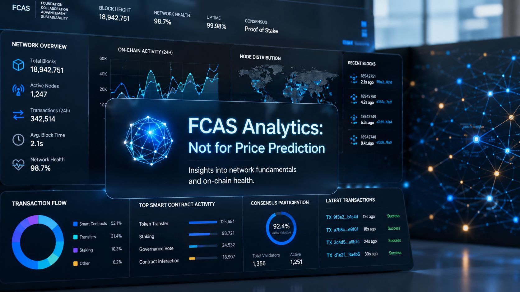 A digital dashboard displaying cryptocurrency network analytics with metrics like block height, transaction flow, and consensus participation.