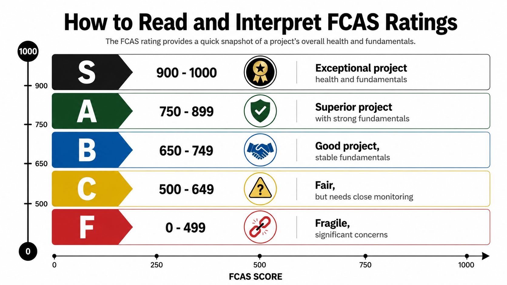 A chart showing FCAS ratings ranging from S to F to interpret cryptocurrency project health and fundamentals.