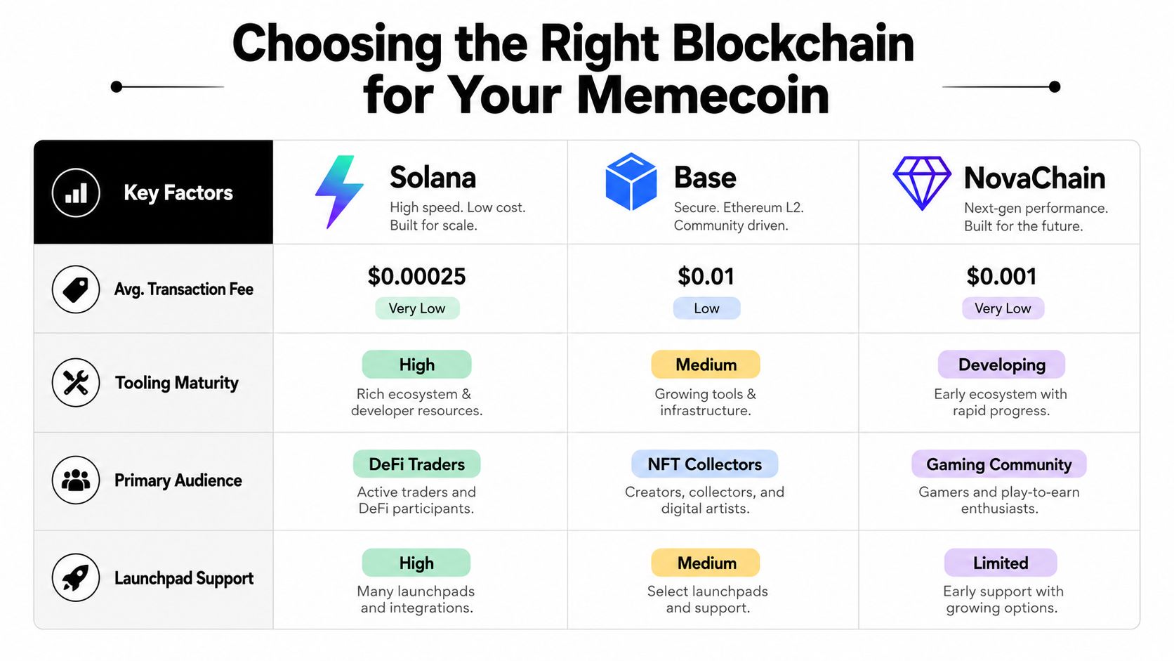 A comparison chart showing key blockchain factors for launching a memecoin, including Solana, Base, and NovaChain.