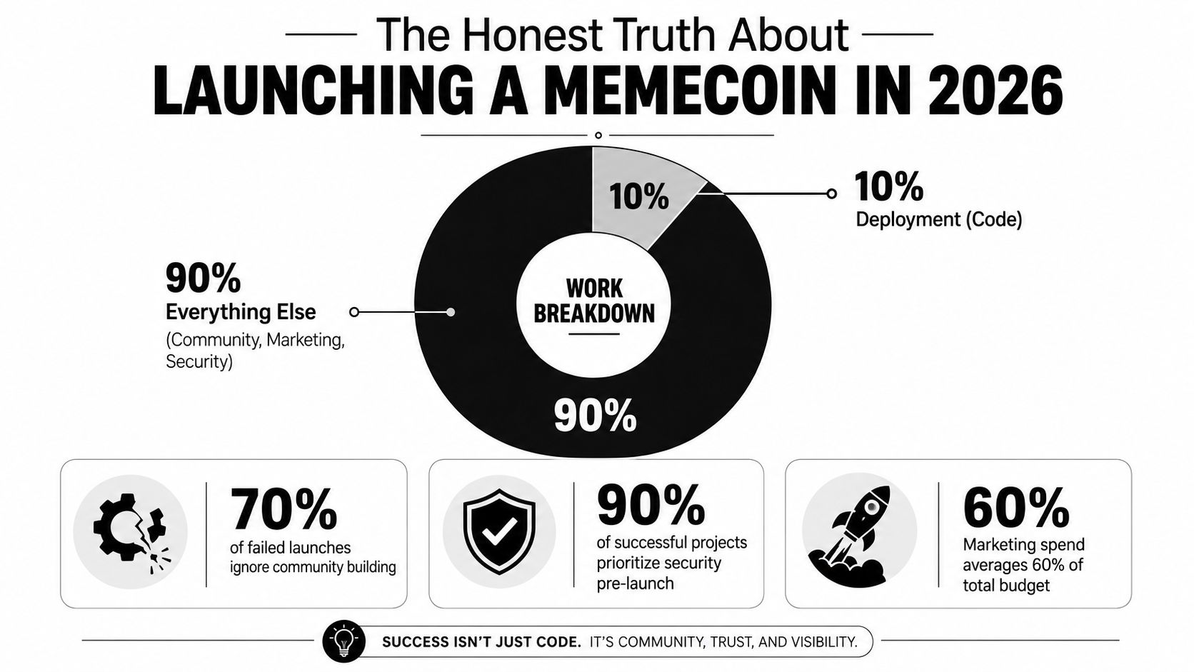 An infographic detailing the work breakdown and success factors for launching a memecoin in 2026.