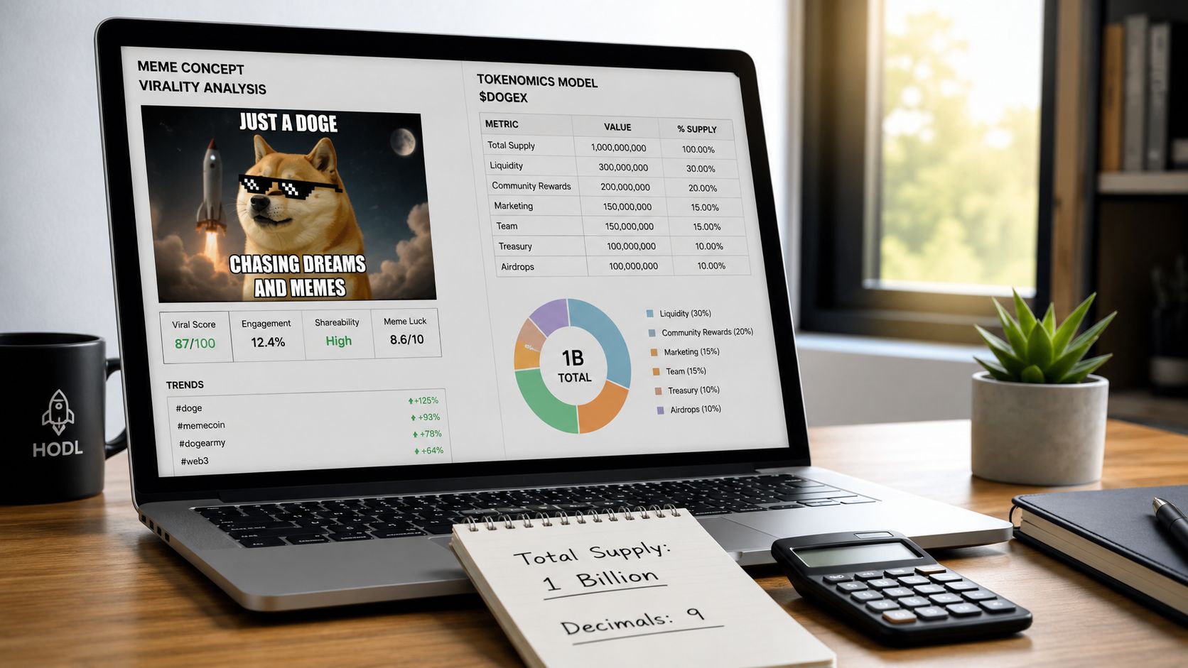 A laptop screen displaying memecoin tokenomics analysis with a doge meme and a notebook on a desk.
