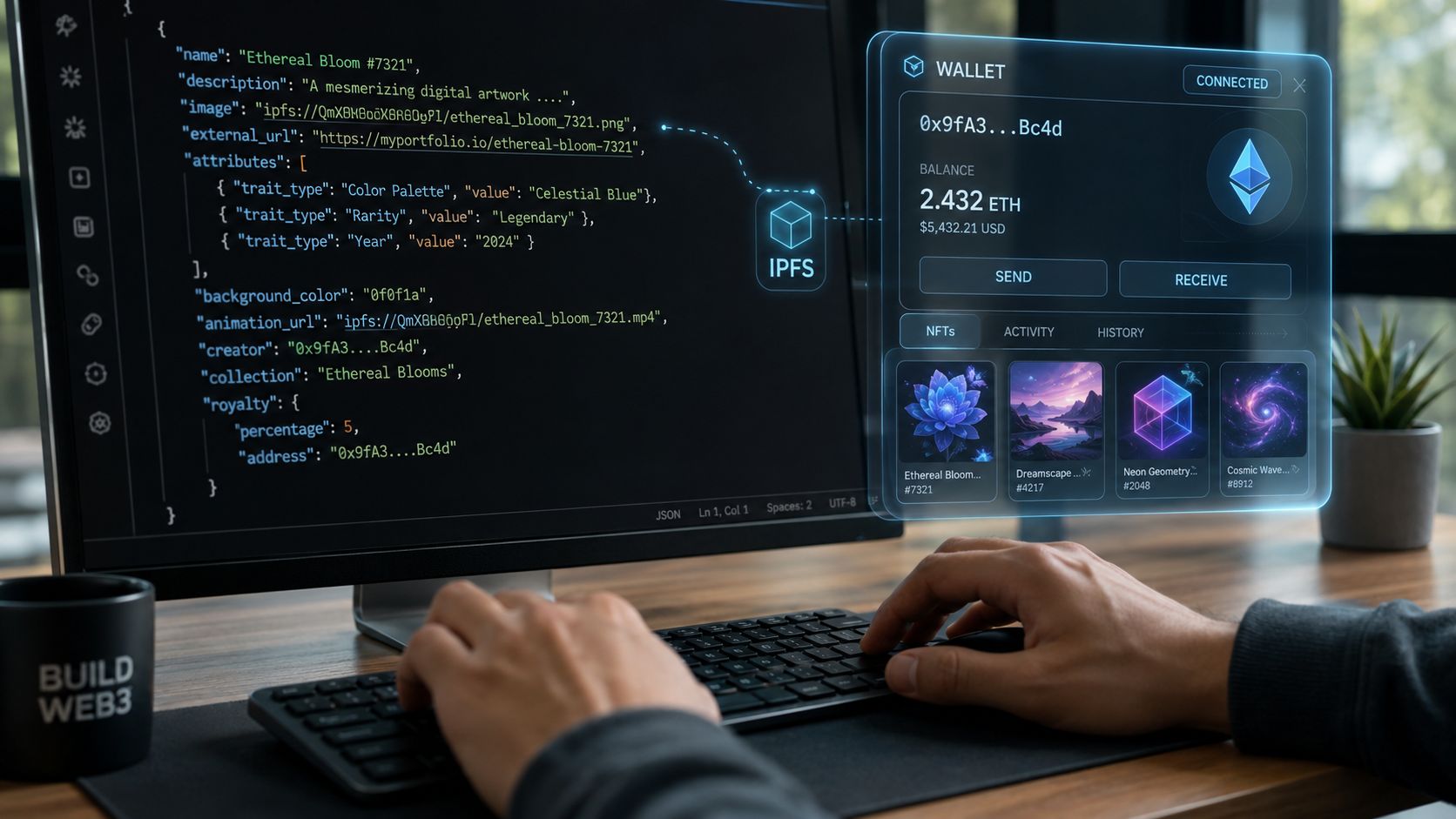 A person writing code on a computer screen displaying NFT metadata and a cryptocurrency wallet interface.