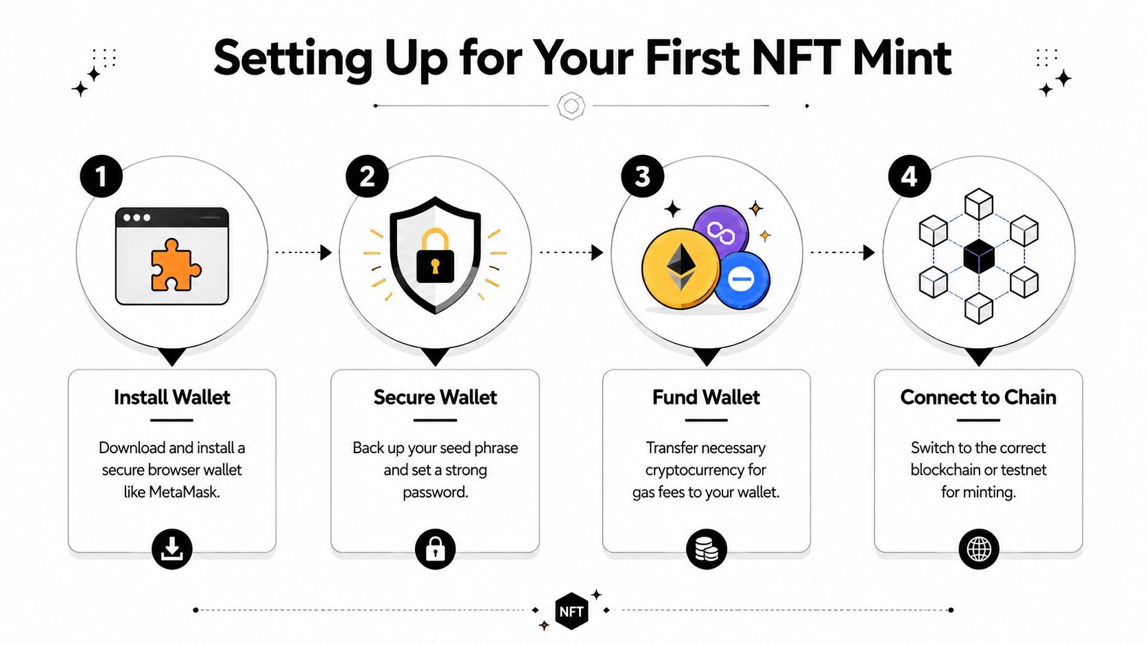 A four-step infographic showing the process for setting up a digital wallet to mint an NFT.