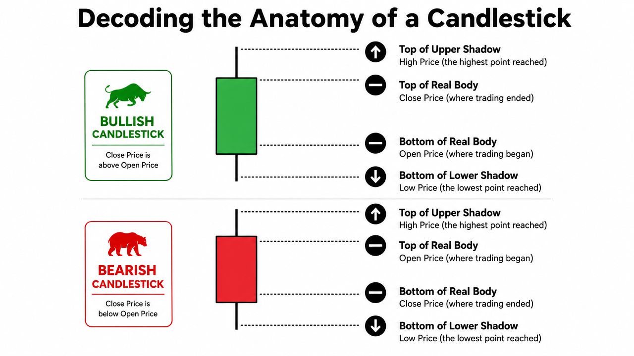 A diagram explaining the parts of bullish and bearish candlesticks used for technical financial market analysis.
