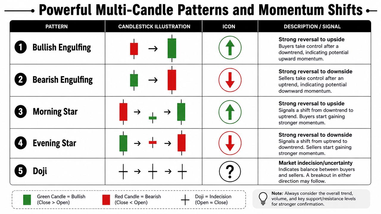 A chart illustrating five common multi-candle patterns used for identifying momentum shifts in stock market trading.