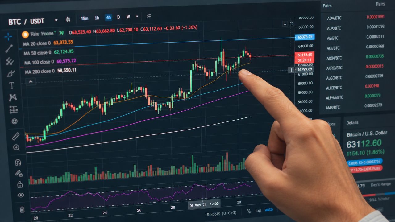 A person pointing at a cryptocurrency candlestick chart displaying market trends on a computer screen.