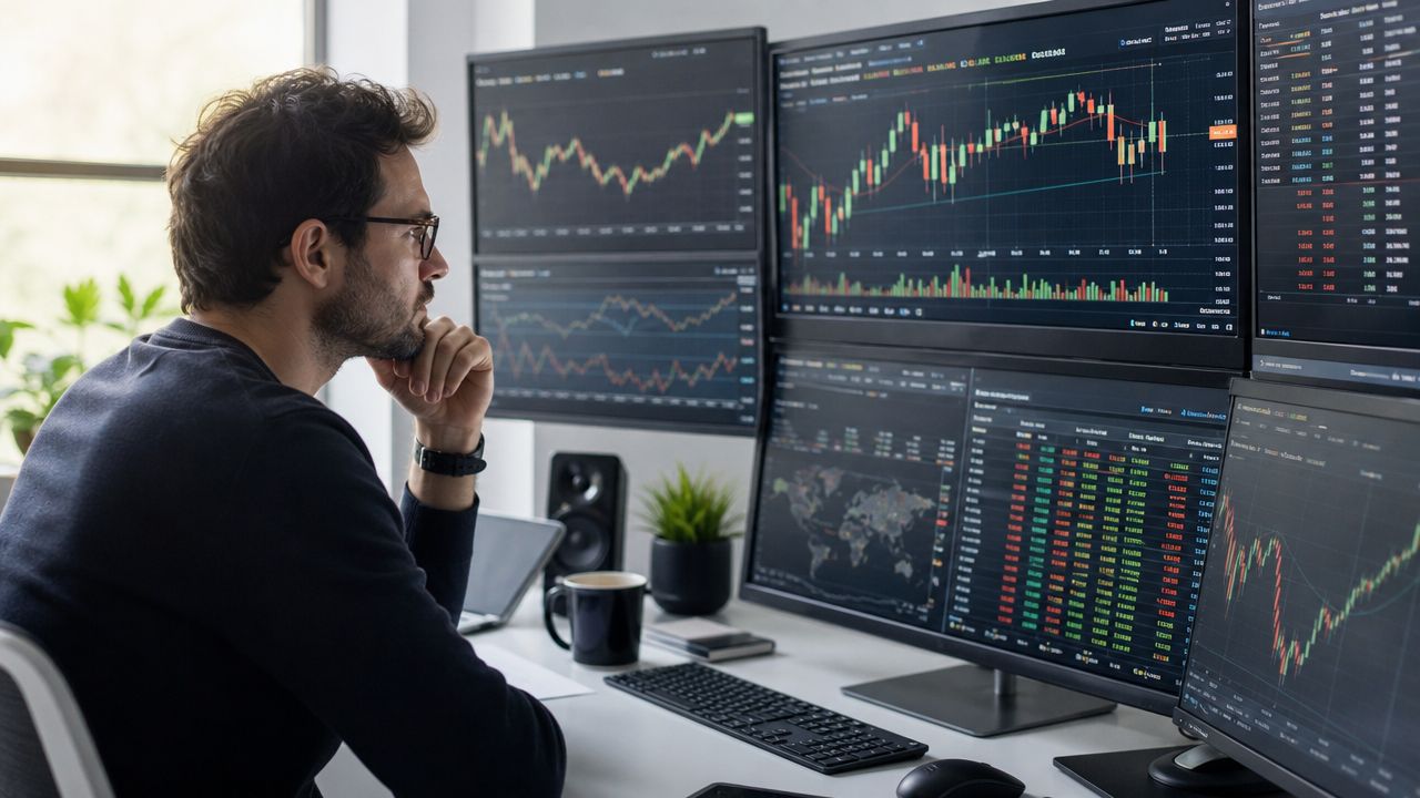 A focused man looking at multiple computer screens displaying complex stock market candlestick charts and data.
