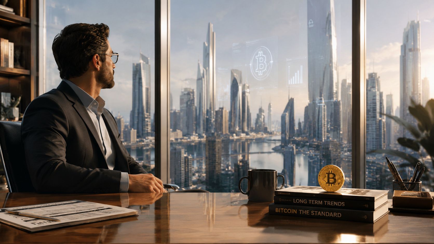 A professional man looking out a skyscraper window at a futuristic city skyline with digital bitcoin symbols.