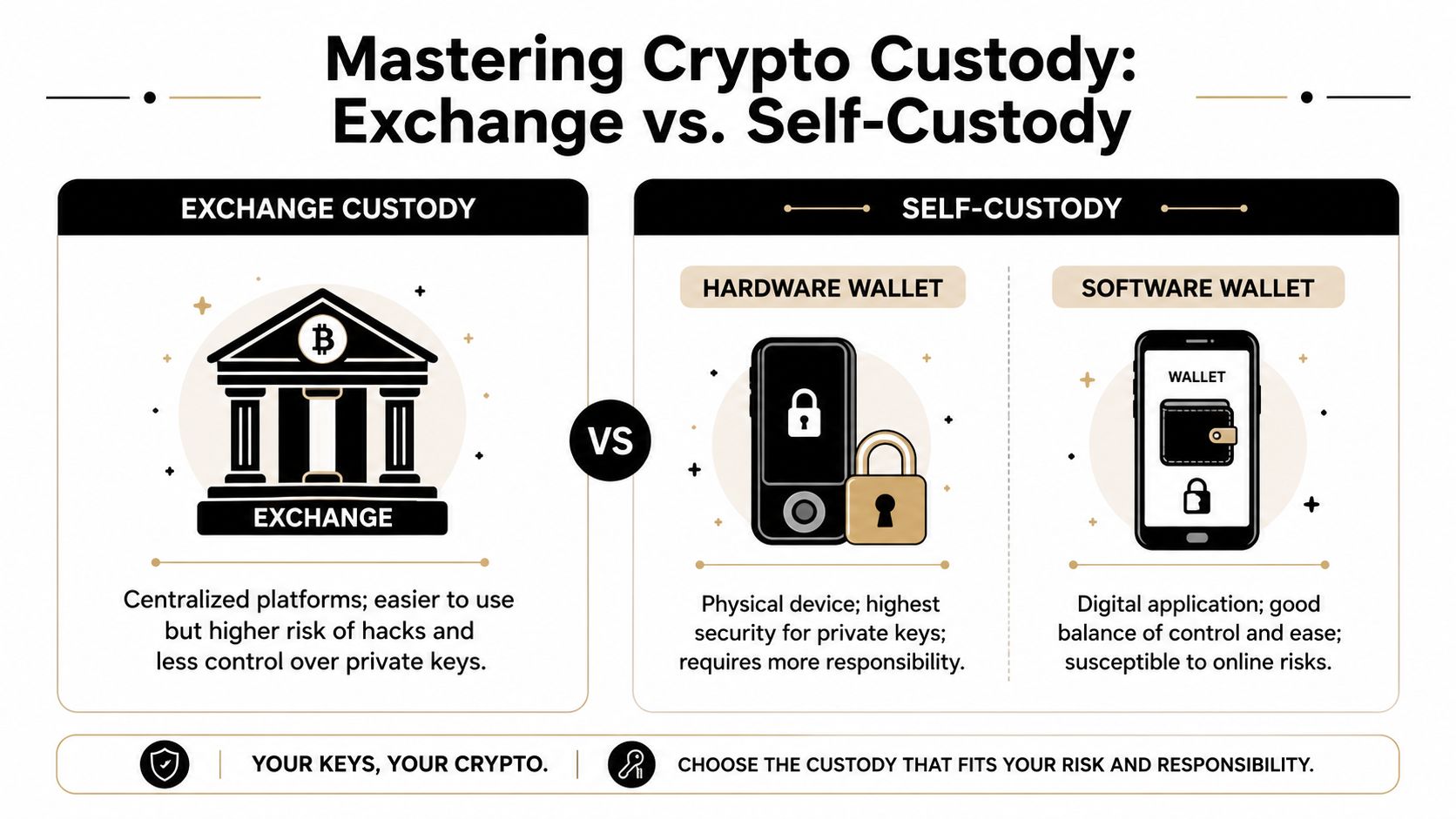An infographic explaining the differences between exchange custody and self-custody for cryptocurrency assets.