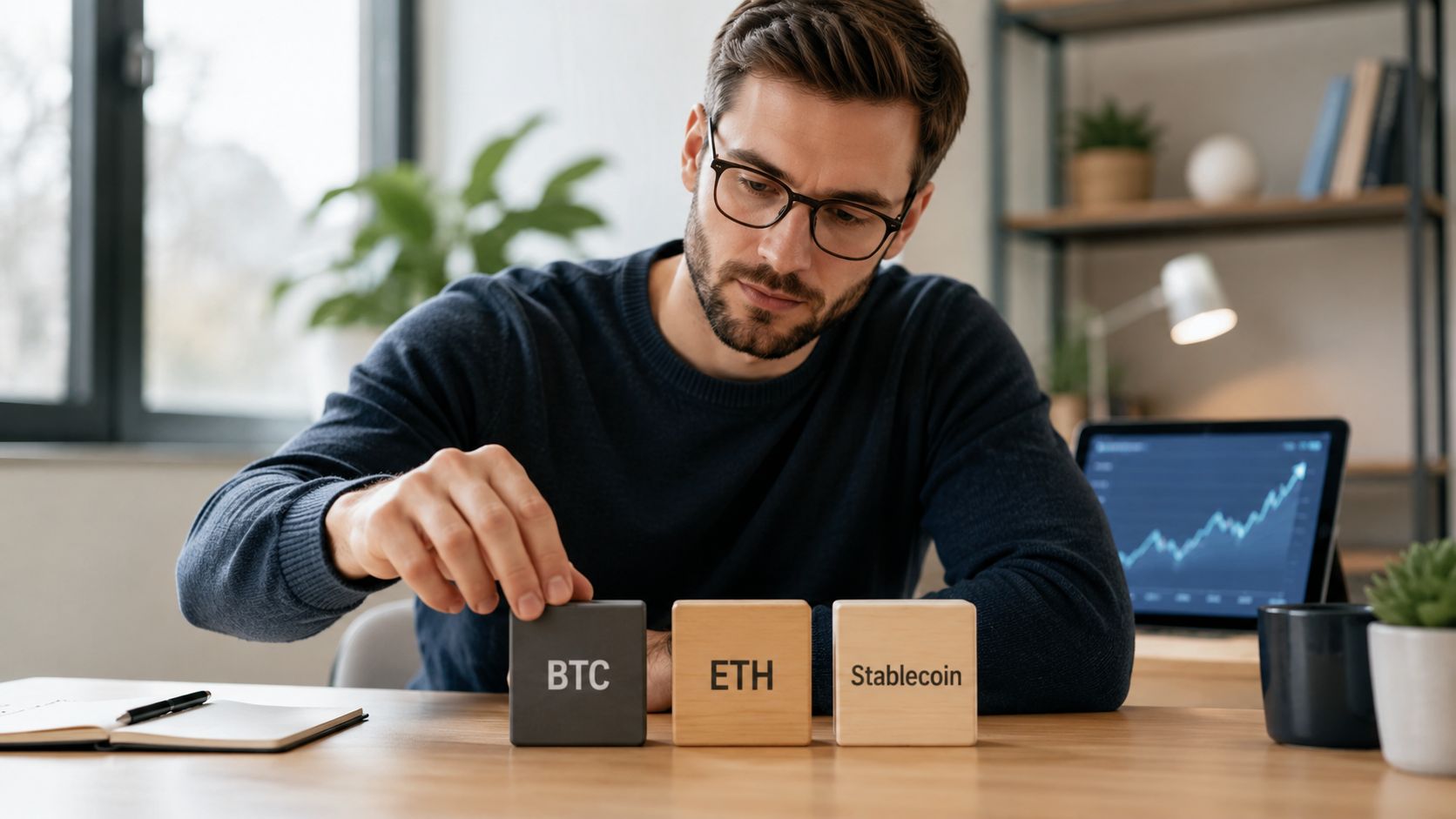 A man in a sweater sitting at a desk with wooden cubes labeled BTC, ETH, and Stablecoin.