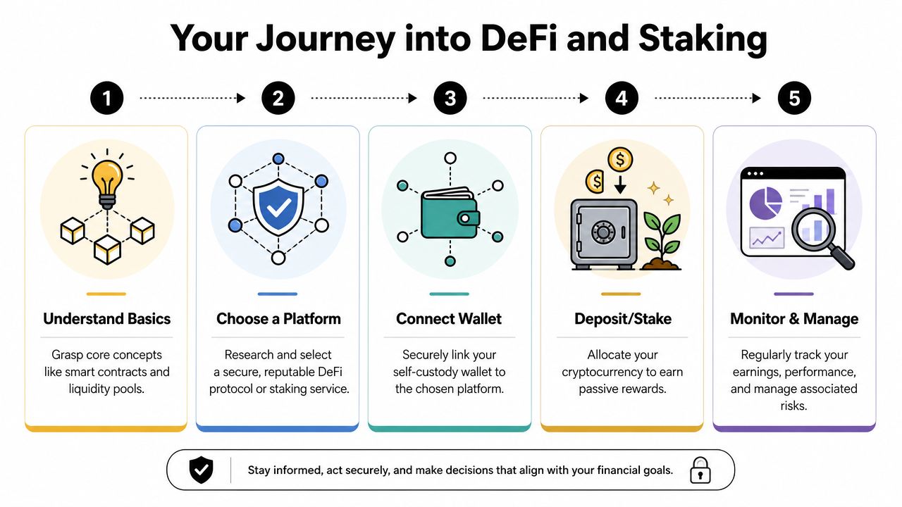 A five-step infographic showing the process of entering decentralized finance and staking cryptocurrency for passive income.