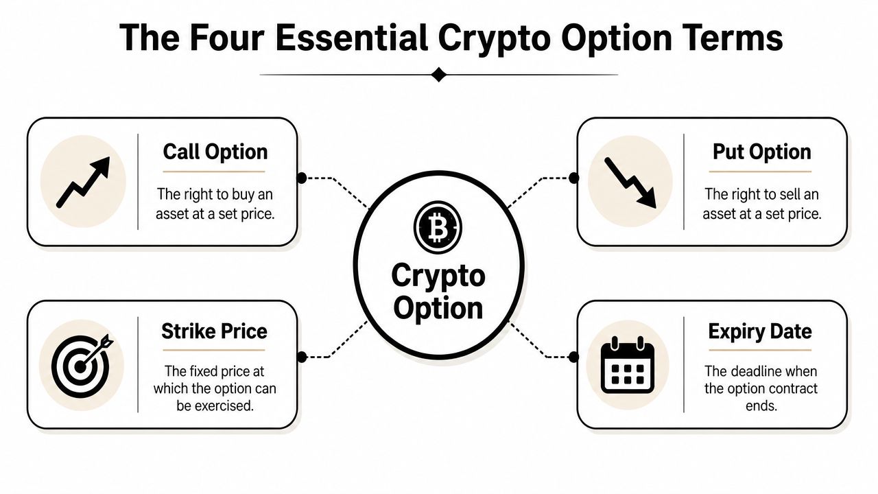 A diagram explaining four essential crypto option terms: Call Option, Put Option, Strike Price, and Expiry Date.
