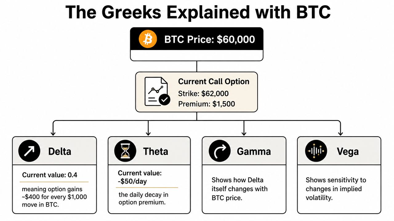 A diagram explaining financial options trading Greeks including Delta, Theta, Gamma, and Vega using Bitcoin as an example.